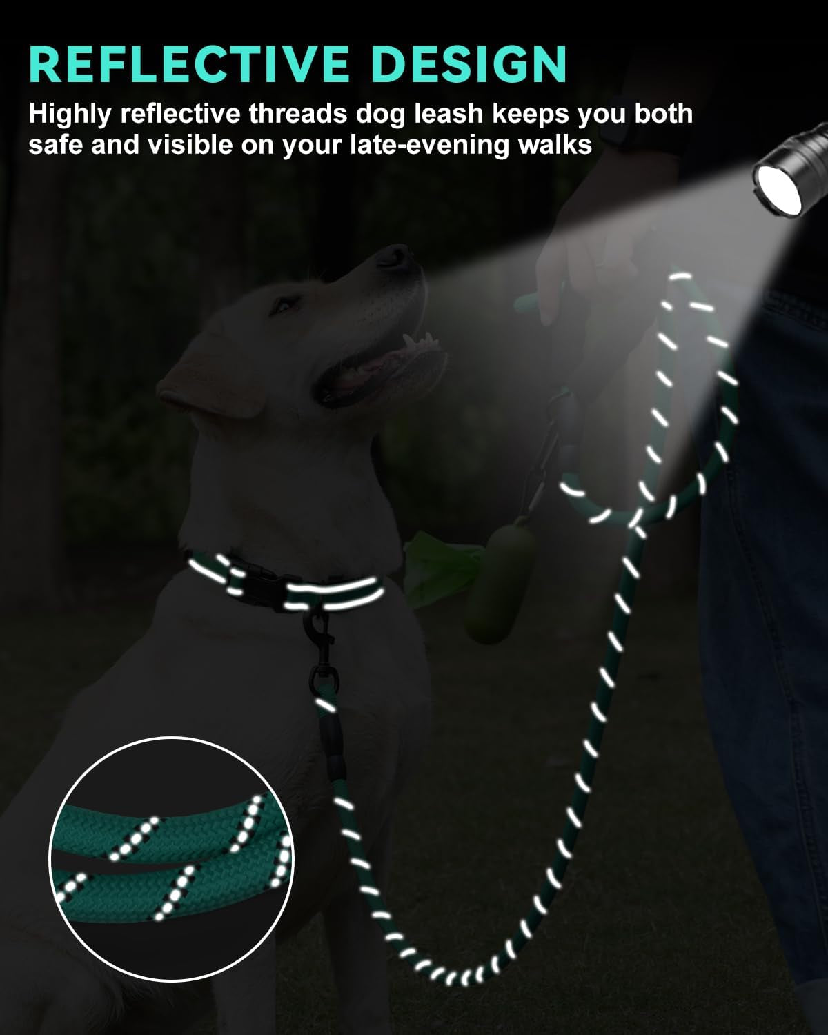 dynmeow-reflective-dog-collar-and-leash-set-for-large-dogs-teal-soft-neoprene-padded-6ft-climbing-rope-ideal-for-daily-outdoor-walking-or-indoor-wearing-night-visible-for-safety