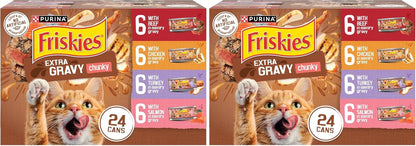 Purina Friskies Extra Gravy Wet Cat Food Chunky 24Ct Variety Pack (With Chicken, Turkey, Salmon, Beef) - (Pack of 24) 5.5 Oz. Cans13