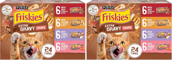 Purina Friskies Extra Gravy Wet Cat Food Chunky 24Ct Variety Pack (With Chicken, Turkey, Salmon, Beef) - (Pack of 24) 5.5 Oz. Cans13