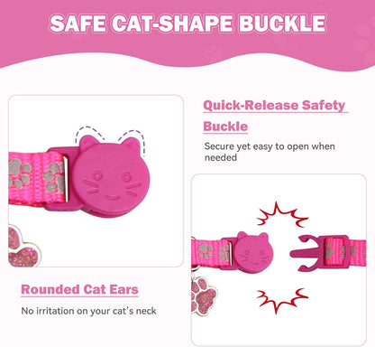 4PCS Breakaway Cat Collars,Reflective Cat Collar with Bells,Kitten Collars for Boy&Girl Cats Breakaway Collar for Cats with Paw Pendant 6-9 Inch(Purple+Hotpink+Red+Teal)4