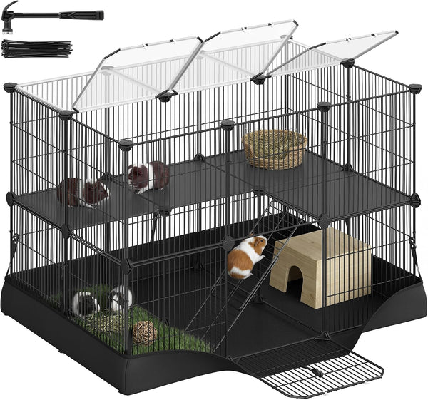 SONGMICS 20 Panels Pet Playpen with Floor, Small Animal Playpen, Pet Fence Indoor, DIY Plastic Enclosure for Guinea Pigs, Bunny, Hamsters, Hedgehogs, 49.2 X 24.8 X 16.5 Inches, White ULPC001W0111