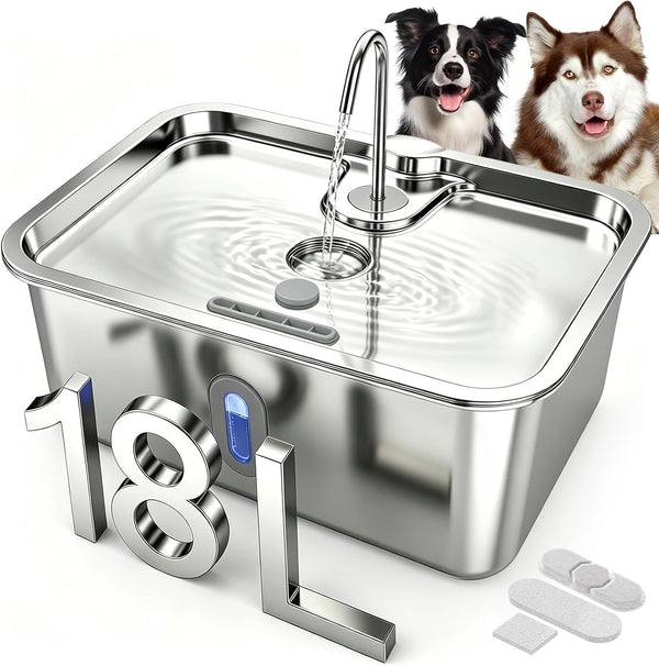 15L/4Gal Stainless Steel Dog Water Fountion Pet Fountain,1Set Filter | Ultra Quiet,Extra Large Capacity,5 Layer Filtration System,Water Level Window & LED Light, ,Visible Faucet Style Spout9