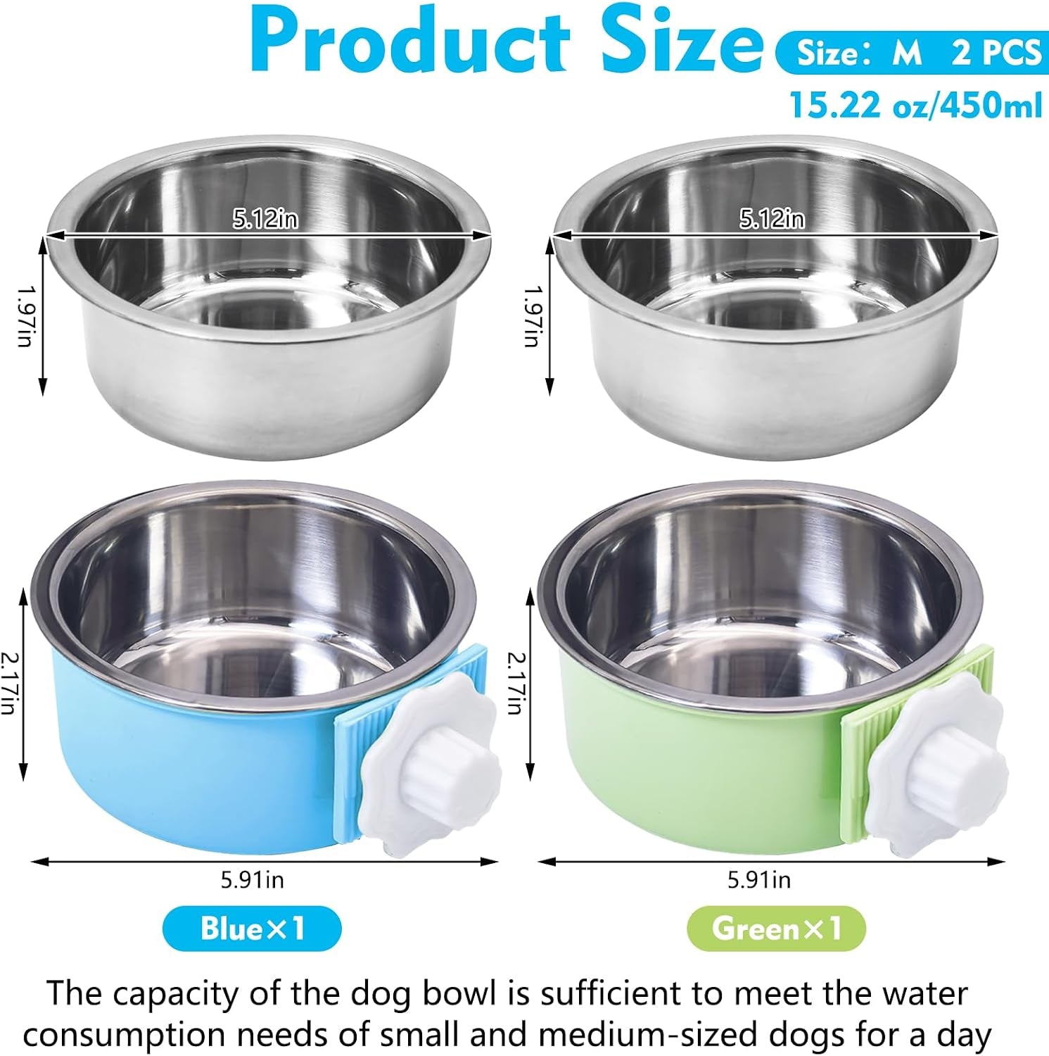 kathson-crate-dog-bowl-removable-stainless-steel-hanging-pet-kennel-cage-bowl-food-water-feeder-coop-cup-for-puppy-cat-rabbit-guinea-pigs-ferret-bird-2-pcs-size-m-blue-and-green