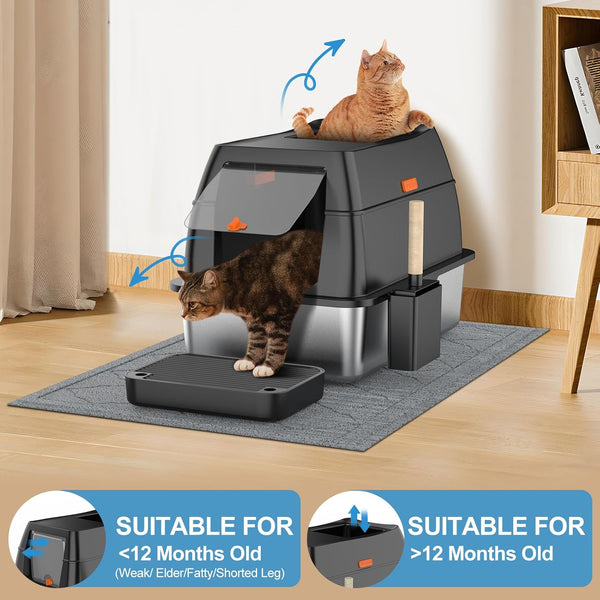 Stainless Steel Litter Box with Lid,Front Entry Top Exit Kitty Litterbox,Extra Large Enclosed Metal Cat Box with Litter Scoop & Litter Mat-Black5