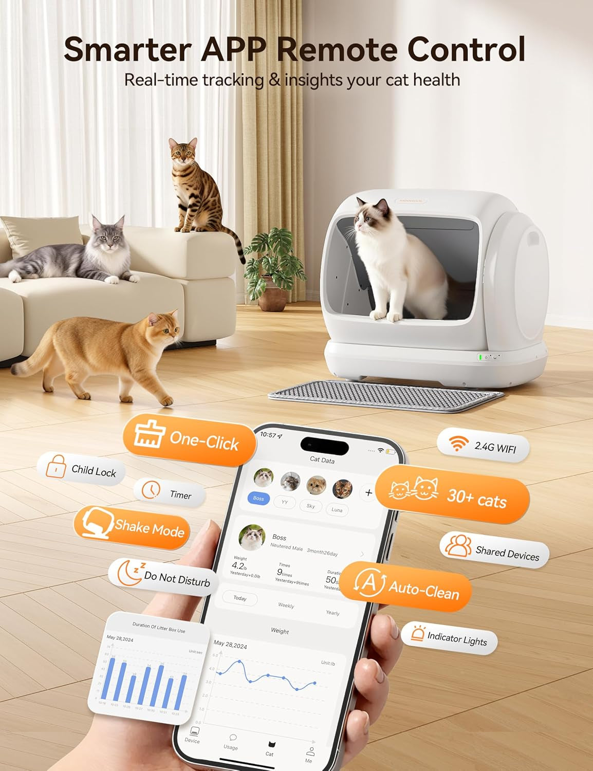 meowant-self-cleaning-cat-litter-box-106l-extra-large-space-low-entrance-automatic-cat-litter-box-perfect-for-multiple-cats-safety-sensor-anti-pinch-app-control-odor-free-with-mat-liner