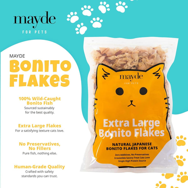 Mayde Bonito Flakes for Cats & Dogs - 100% Natural High-Protein Fish Treats for Cats & Dogs - Extra Large Dried Bonito Flakes - 4 Oz Bag2
