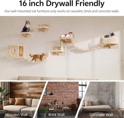 9-In-1 Cat Wall Shelves, Cat Wall Furniture Set with Bridge, Beige | Wall Mounted Cats Shelf for Space-Saving, Multi-Level Cat Climbing Systems for 16 Inch Drywall, with Scratching Posts, Condos6