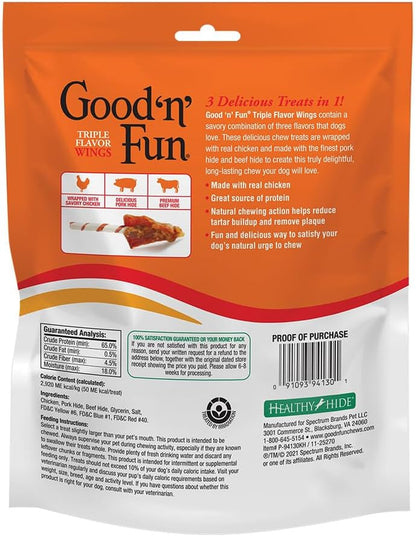 Good ‘N’ Fun Triple Flavor Wings Chews for All Dogs, 12 Ounces, Treat Your Dog to Long-Lasting Chews Made with Chicken, Pork Hide and Beef Hide, Pack of 23