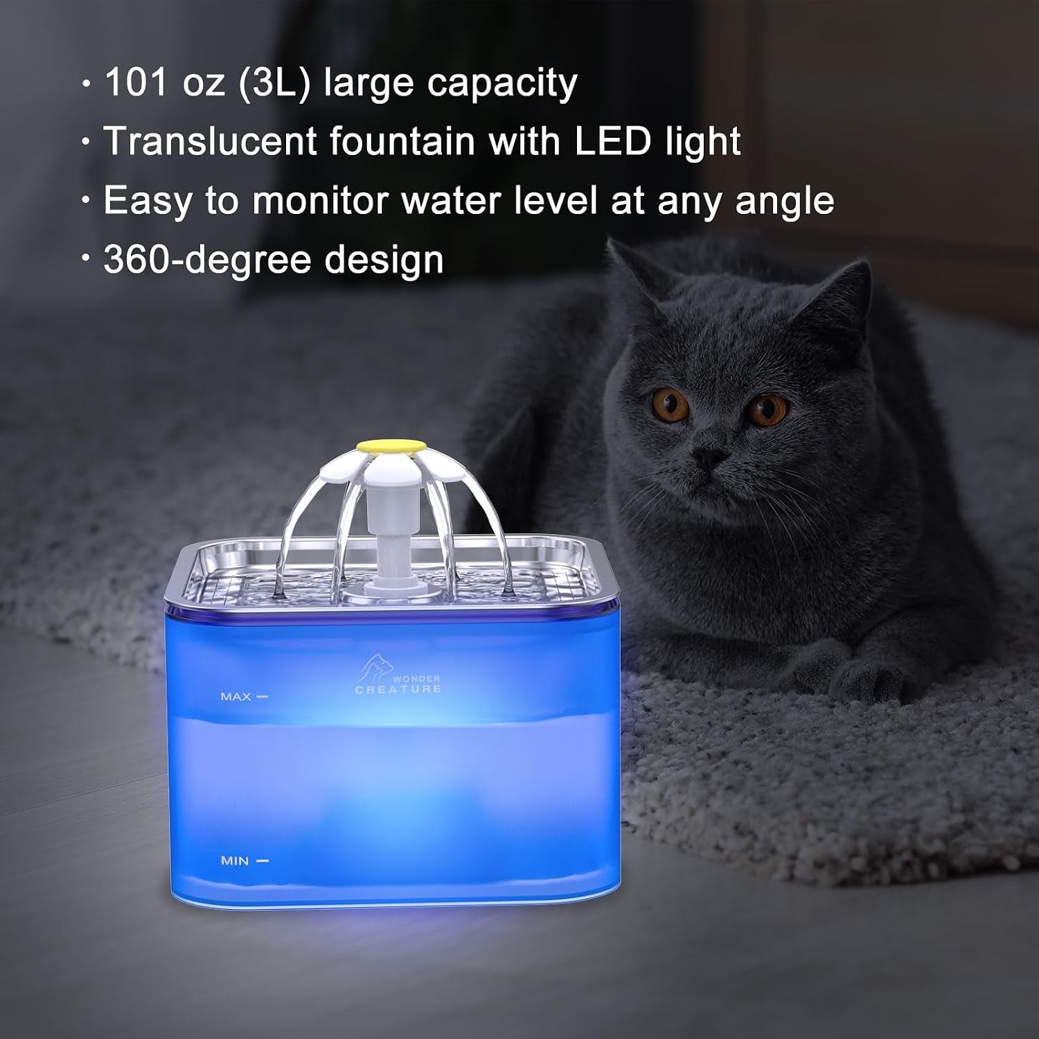 wonder-creature-crystal-cat-water-fountain-stainless-steel-lid-101oz-3l-pet-fountain-with-transparent-base-quiet-pump-led-indicator-light-triple-filtration-3-flow-modes-for-cats-and-dogs