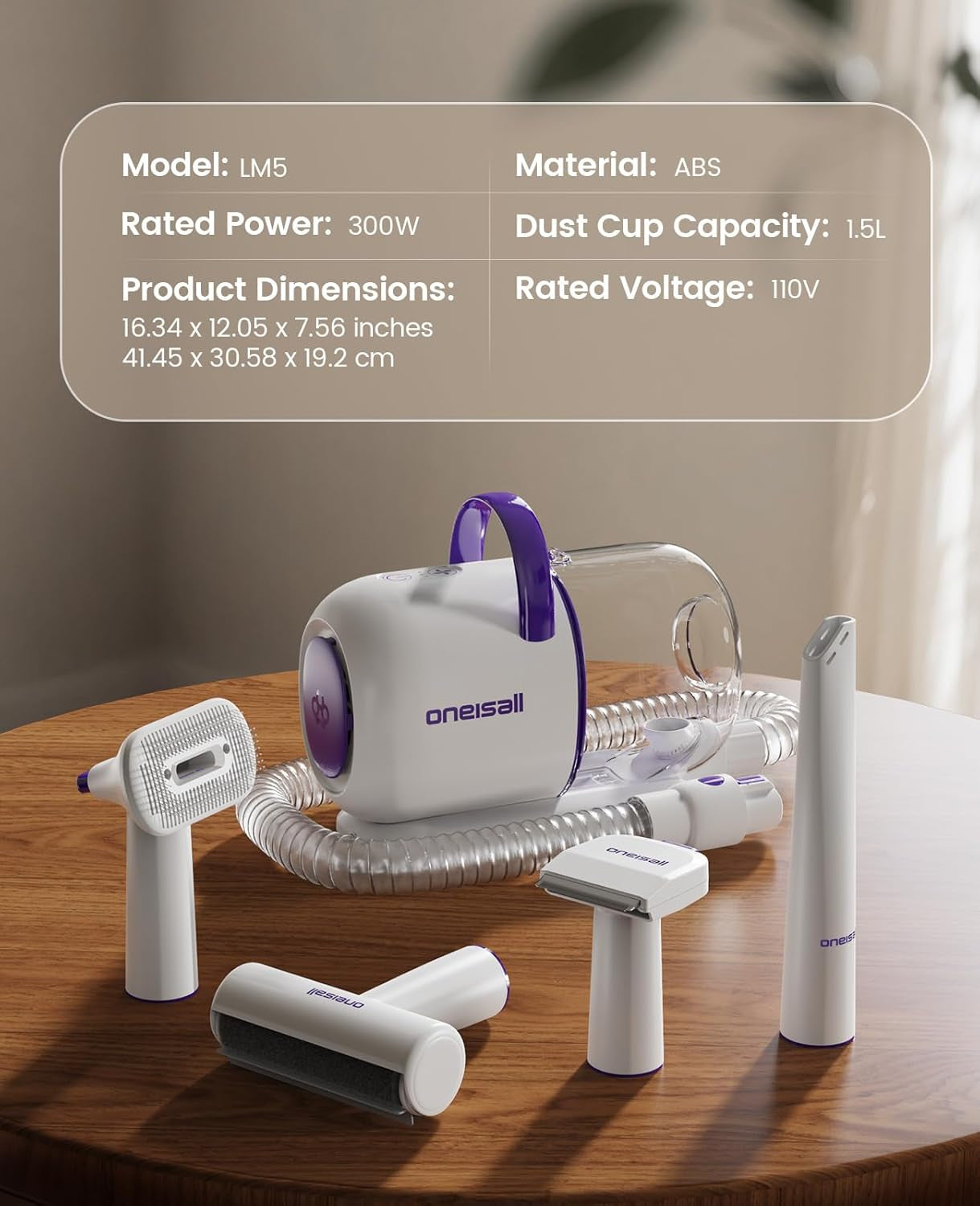 oneisall-dog-hair-vacuum-shedding-grooming-brush-kits-for-pet-thick-coats-15000pa-3-suction-low-noise-1-5l-dust-cup-5-in-1-kitsgrooming-deshedding-cleaning-brush-remover-roller-crevice-tool-lm5