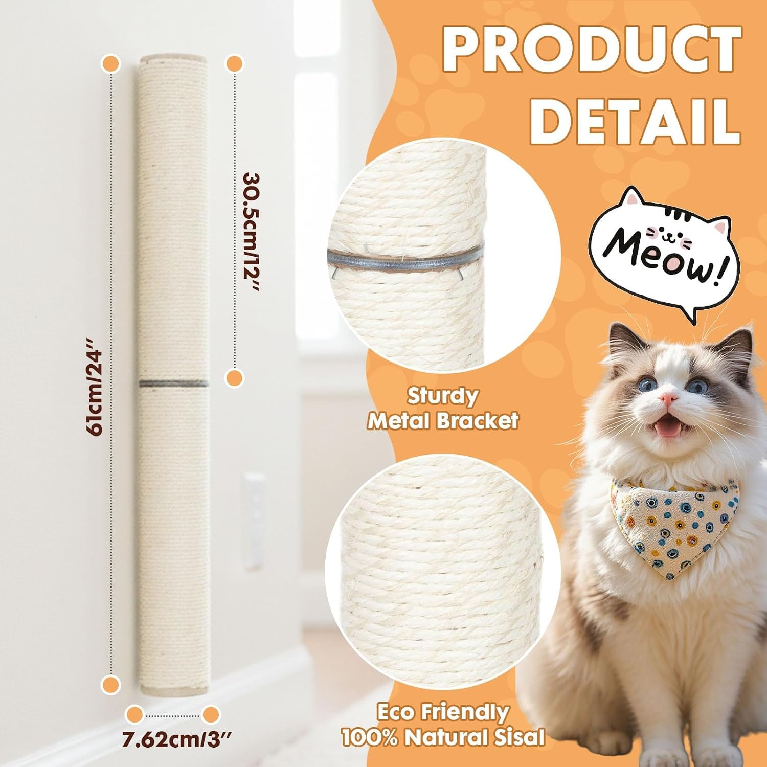 powerking-wall-mounted-cat-scratcher-24-vertical-sisal-scratching-post-for-indoor-cats-space-saving-wall-cat-furniture-with-natural-jute-rope-rotatable-design