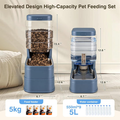 2 Pack Automatic Cat Feeder and Water Dispenser 1.3Gallon Dog Gravity Food Feeder and Water with Ice Pack Stainless Steel Dry Food and Waterer Bowl for Small Medium Large Pets (Blue)2