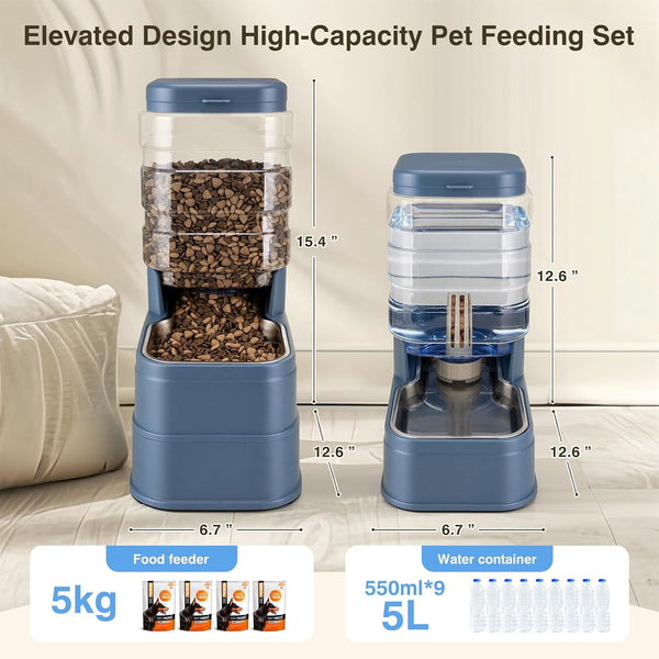 2 Pack Automatic Cat Feeder and Water Dispenser 1.3Gallon Dog Gravity Food Feeder and Water with Ice Pack Stainless Steel Dry Food and Waterer Bowl for Small Medium Large Pets (Blue)2