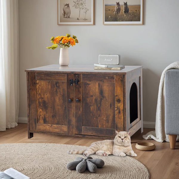 Cat Litter Box Enclosure Furniture, Wooden Cat Bathroom Furniture Storage Cabinet with Removable Divider, Fit Most Cats and Litter Box1