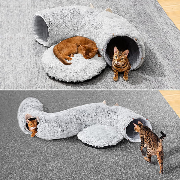 Cat Tunnel with Cat Bed for Indoor Cats, under Christmas Tree Soft Plush Peekaboo Cat Cave Donut Tunnel, Multifunctional Playground Toys Hideplace for Kittens, Rabbit, Ferret (Grey)3