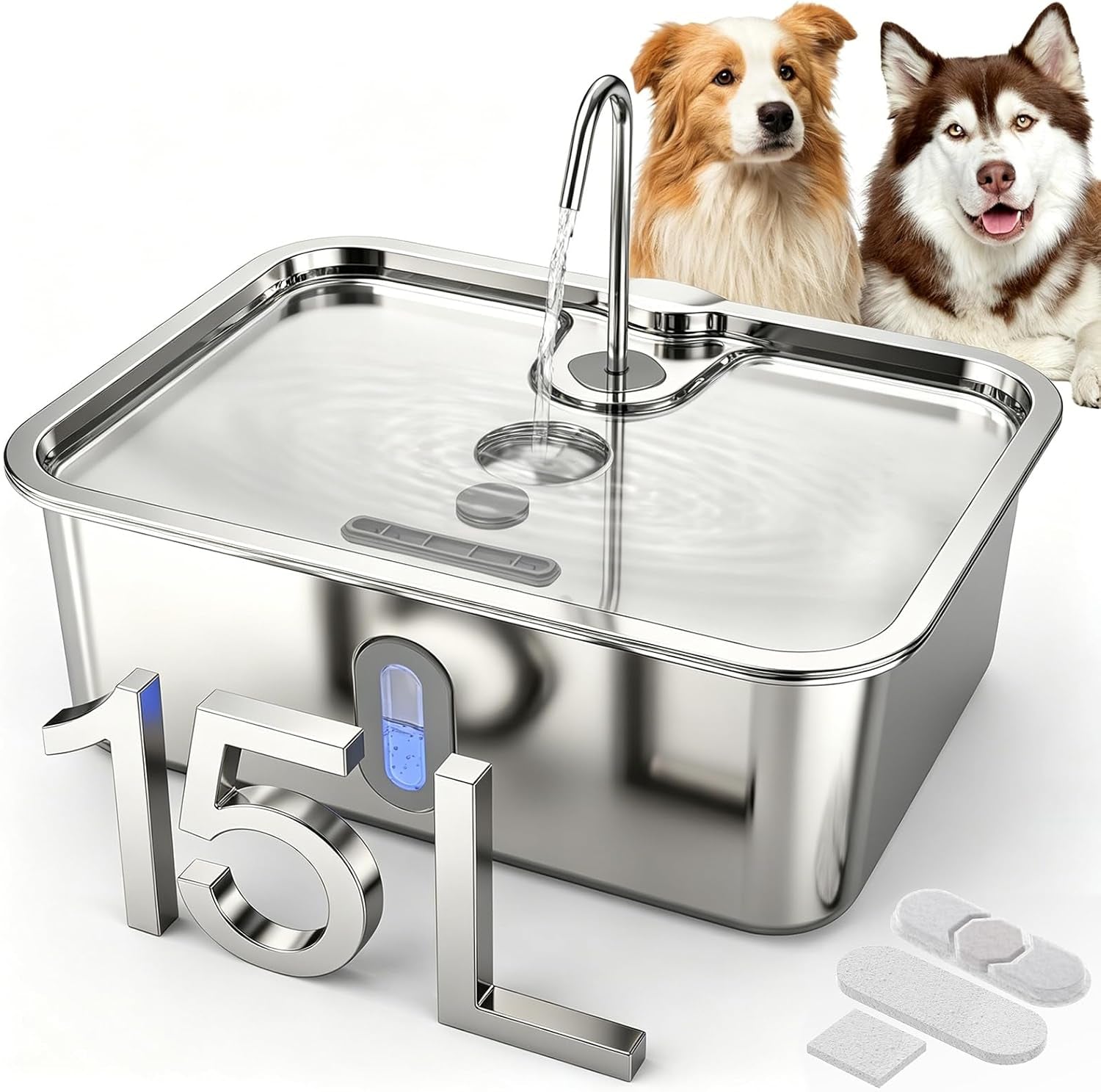 15l-4gal-stainless-steel-dog-water-fountion-pet-fountain-1set-filter-ultra-quiet-extra-large-capacity-5-layer-filtration-system-water-level-window-led-light-visible-faucet-style-spout