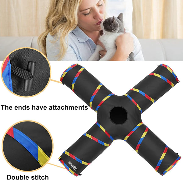 4 Way Large Cat Tunnels for Indoor Cats - 10" Diameter & 47" Long Play Tunnel Toy - Cat Tube with Play Ball & Mouse Toy - Interactive Peephole (Black)4