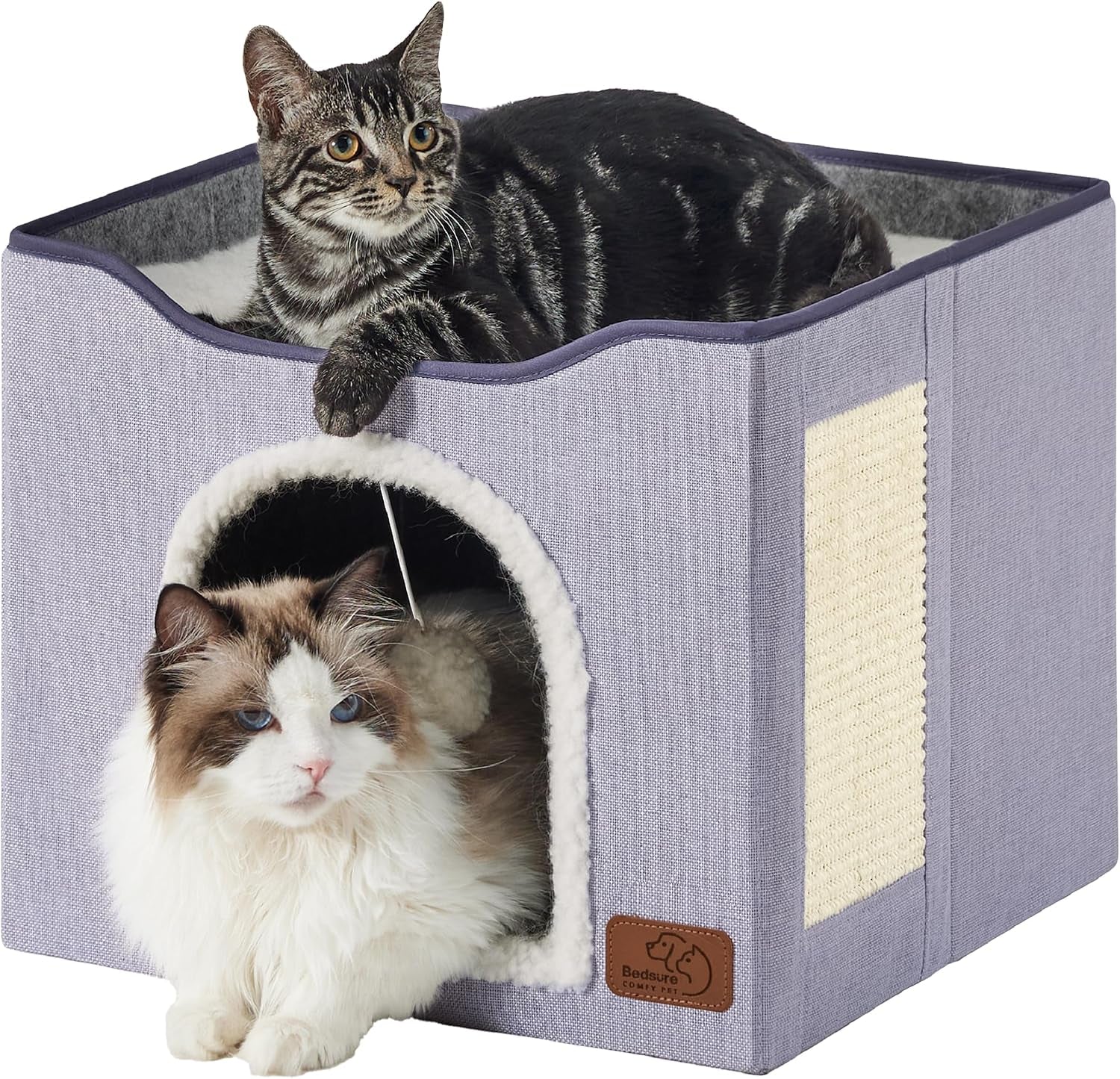 bedsure-cat-house-bed-for-indoor-cats-with-fluffy-ball-and-scratch-pad-grey-16-5x16-5x13-in-large-cat-cave-for-multiple-pets-foldable-cat-hideway-cube-for-sleeping-kitten