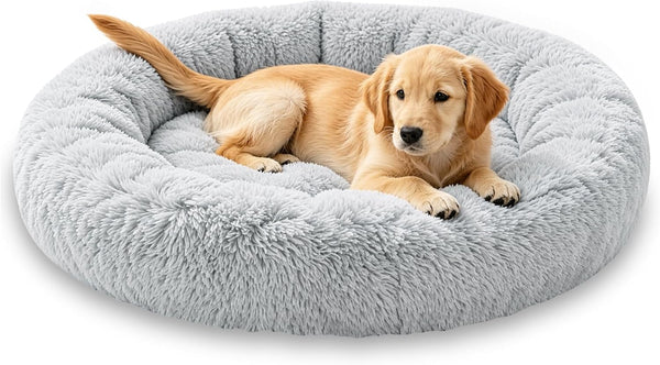 Calming Donut Dog and Cat Bed for Indoor Cats, Anti-Anxiety round Fluffy Soft Washable Small Pet Bed for Puppy and Kitten, Warming Comfortable Luxury Anti-Slip Waterproof Mute Base 20In Gray28