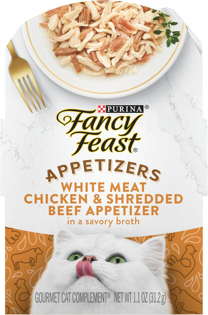 Purina Fancy Feast Appetizers Lickable Grain Free Cat Food Topper White Meat Chicken and Shredded Beef Appetizer - (Pack of 10) 1.1 Oz. Trays1