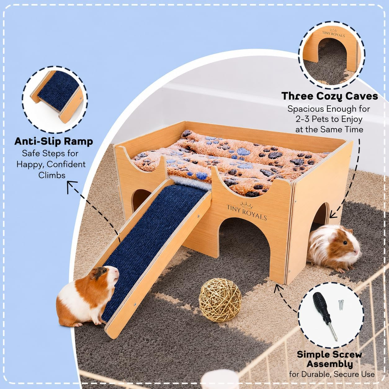 guinea-pig-wooden-hideout-with-built-in-feeder-screw-assembled-natural-wood-castle-with-absorbent-fleece-mat-ramp-accessories-cozy-safe-hideaway-for-small-pets-to-rest-play-explore