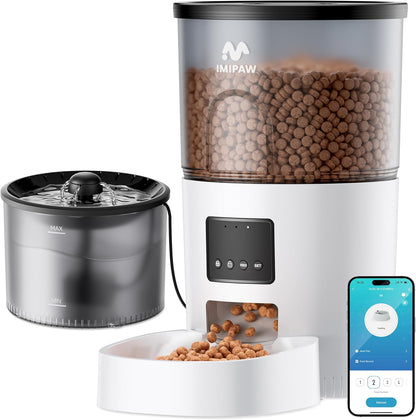 IMIPAW Automatic Cat Feeder and Water Fountain, Timed Dry Food Dispenser, Programmable Portion Control, 1-6 Meals per Day, Desiccant Bag, Cat Fountains for Drinking with Filter, Small Pets (3L Combo)11