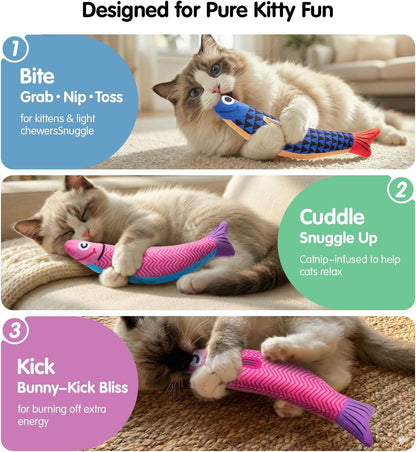 Petbusy Cat Toys With[5000Mg A+Natural Catnip &Silvervine] [Baby Grade] Interactive Soft Chew Kicker Cat Toys for Indoor Cats & Kittens, [Crinkle &Bell] Fish Sound Toy, Drives Bored Cat Crazy with Fun5