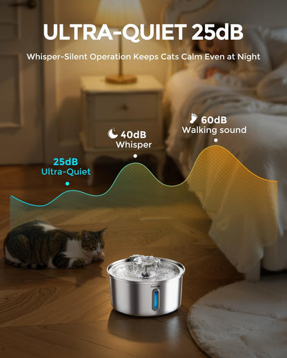 Cat Water Fountain Stainless Steel 3.2L/108Oz, Invengo Automatic Pet Fountain for Cats & Dogs, Ultra Quiet <25 Db Pump, Includes 4 Replacement Filters & Sponges, LED Water Level Window, Easy to Clean5