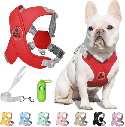 Patas Lague Dog Harness with Leash Set Adjustable Soft Padded Step-In Dog Vest No Choke No Pull Reflective for Small Medium Pets with Poop Bags and Dispenser, Solid and No-Chew, Pink M21