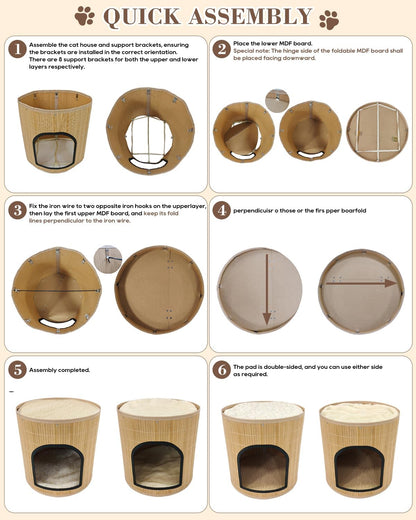 SYANDLVY Large Cat House, Kitten Condo with Bed for Indoor Cats, Portable ﻿ | 2-Tier Foldable Natural Bamboo Cave with Double-Sided Cushion, 15.5"X15.7" Washable Kitten Hideout7