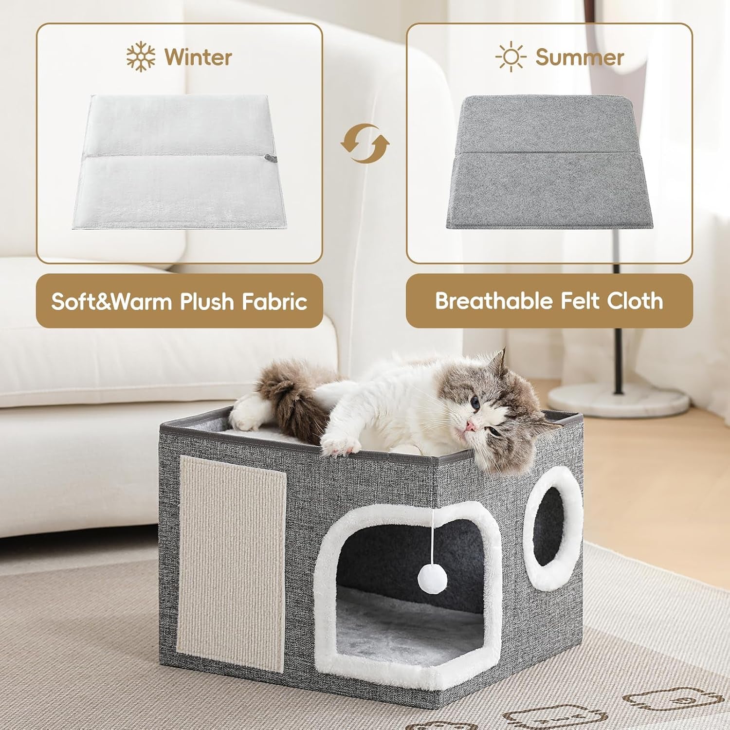 cat-beds-for-indoor-cats-large-cat-cave-house-with-scratch-pad-and-fluffy-ball-foldable-cat-condo-hideaway-modern-kitten-bed-grey