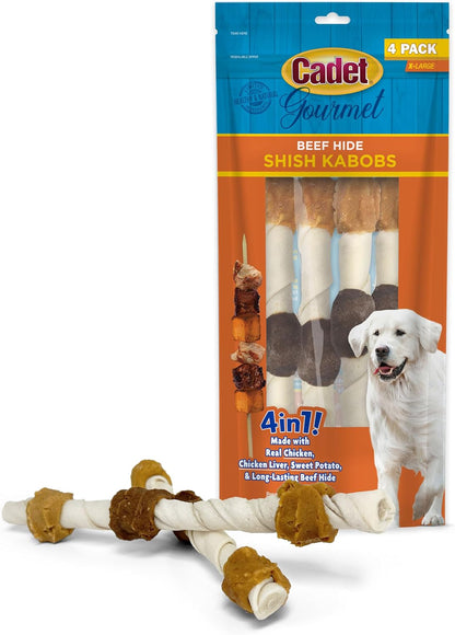 Cadet Gourmet Shish Kabob Dog Chews for Large Breeds, Rawhide Treats for Dogs with Chicken and Sweet Potato, Healthy & Natural Beef Hide, 10-Inch Sticks, 4 Count (Pack of 1)1