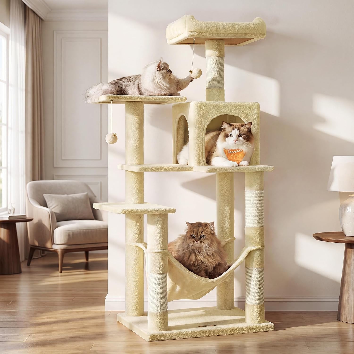 feandrea-cat-tree-59-5-inch-tall-cat-tower-plush-multi-level-condo-with-5-scratching-posts-2-perches-2-caves-hammock-2-pompoms-light-gray-upct192w01