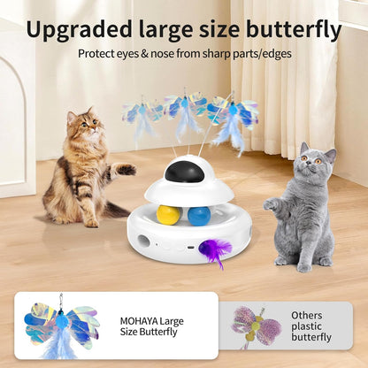 MOHAYA Cat Toys，4-In-1 Interactive Cat Toy for Indoor Cats with Laser, Fluttering Butterfly, Moving Feather and Track Balls - USB Rechargeable Self-Play Kitten Toy (White)5
