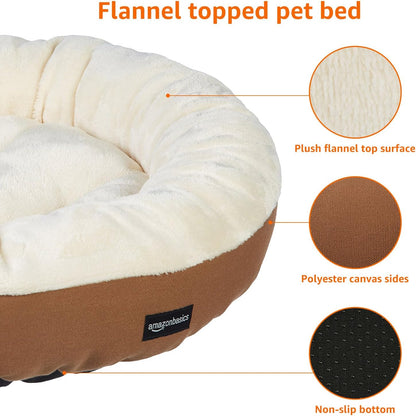 Amazon Basics round Bolster Pet Bed for Dog or Cat with Flannel Top, 20.0" L X 20.0" W X 6.0" Th, up to 11Lbs, Brown and Ivory2