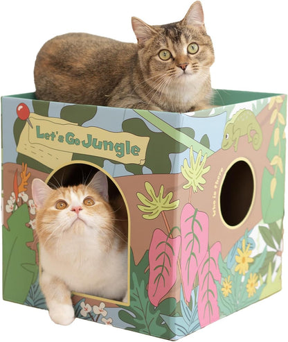 CHICHIPAWS Cardboard Cat Scratcher House with 2 Scratch Boards – Peekaboo Cave & Hideaway, Playhouse for Indoor Pets, Corrugated Scratching Cube for Kittens, Rest Box Bed with Catnip, Durable Fun1