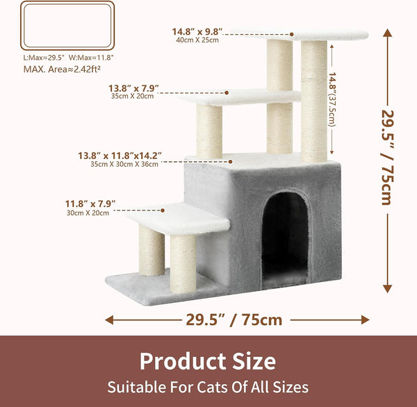 Heybly Cat Scratching Post, Pet Steps for Indoor Cats and Dogs, HSP002SWWH | Small Cat Tree with Cat Condo, Pet Stairs with Full Wrapped Sisal Posts & Soft Plush Fabric, Light Gray & White5