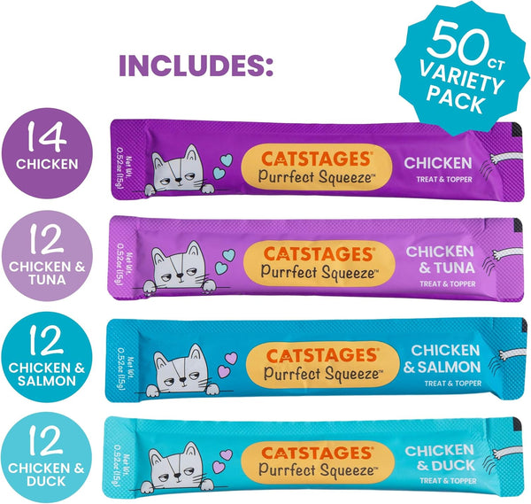 Catstages Purrfect Squeeze Lickable Wet Cat Treats, Creamy Purée Treat & Topper, Made with Real Chicken, Clean Ingredients, No Artificial Preservatives, 0.5 Oz Tubes, 50-Count, 4-Flavor Variety Pack5