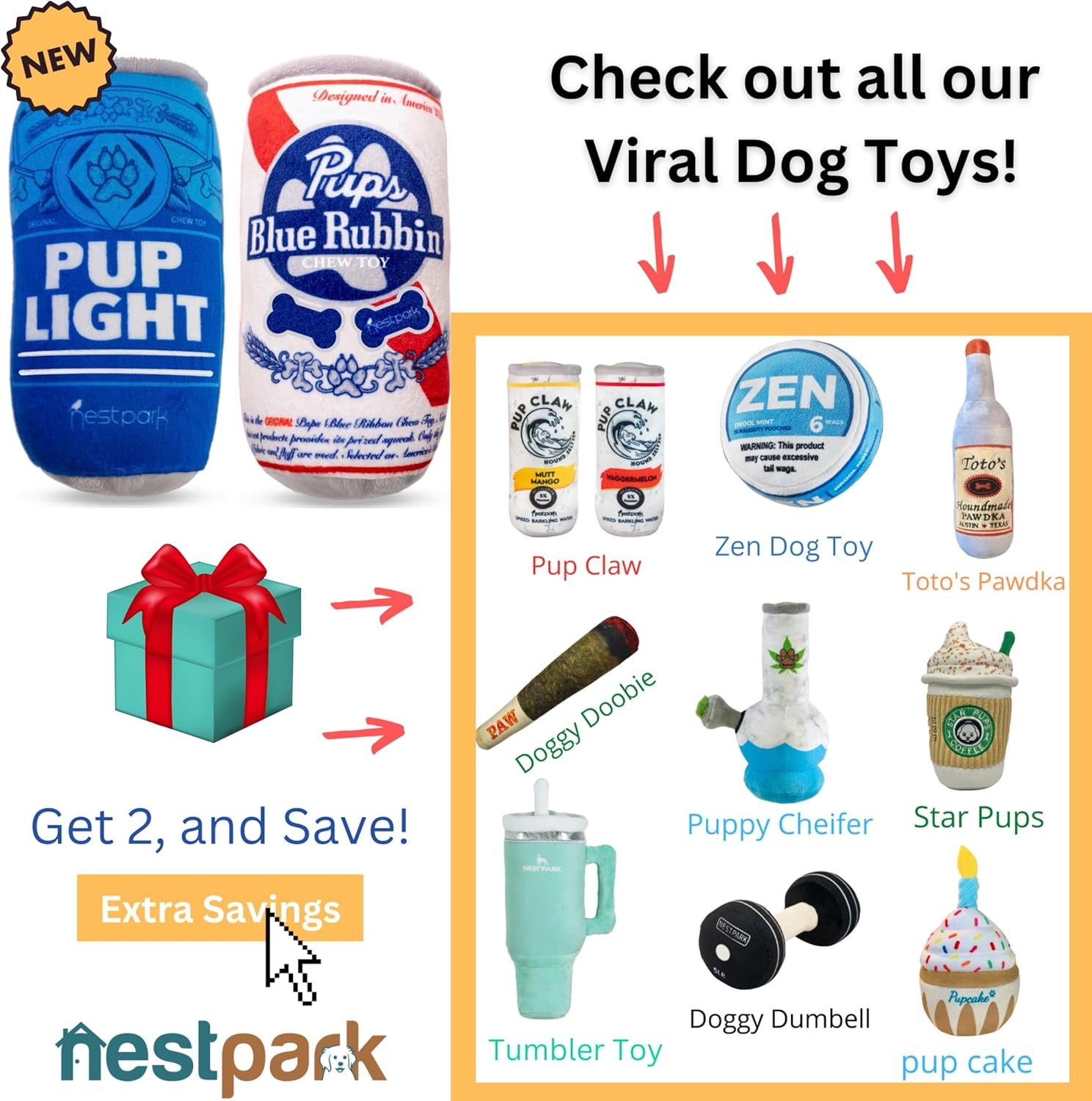 nestpark-pup-light-and-pups-blue-rubbin-parody-beer-dog-toys-funny-plush-squeaky-and-crinkle-dog-toys-dog-gifts-for-dog-birthday-2-pack-mix