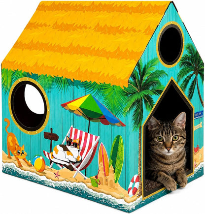 Cinrobiye Cardboard Cat House with Scratcher, Indoor Cat Condo Cat Cave Hideout with Scratch Pad, Cardboard Cat Playhouse Bed for Cats, Kittens, Rabbits & Small Pets (Mushroom)8