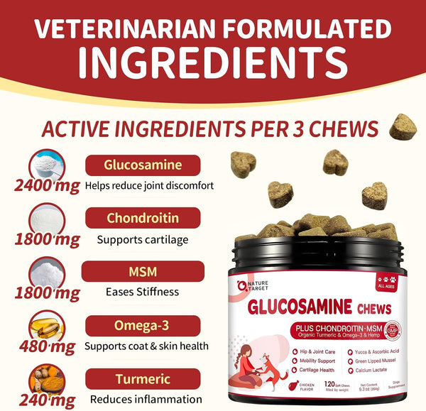 NATURE TARGET Glucosamine for Dogs, 120 Soft Chews, Chicken Flavor | Joint Supplement with Chondroitin, MSM, Omega-3,Hemp for Pain Relief, Hip & Joint Chews for Dogs with Calcium for Bone Health3