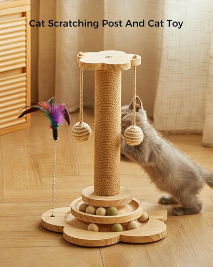 Cat Scratching Post for Kittens, 4 in 1 Wooden Cat Scratcher Toy, 17.7" Tall Scratch Post with 2 Level Cat Track Balls, Interactive Feather Toy and 2 Sisal Hanging Balls for Indoor Kittens7