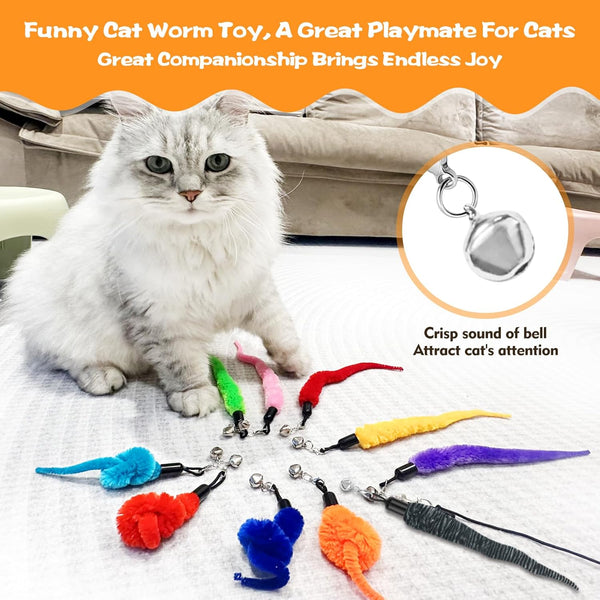 Kerros Fuzzy Worm Cat Wand Refills with Black String, 10 Pcs | 10 Fuzzy Worm Cat Wand Attachments with 1 Black String, for Indoor Cats and Kittens to Chase, Jump and Play2