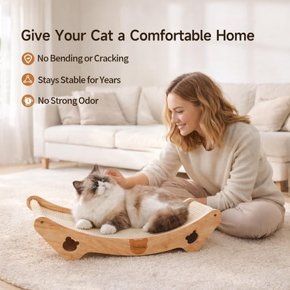 Upgraded Sisal Cat Scratcher Bed, Solid Oak Frame 1.3 Cm Thick, 100% Sisal Pad, Curved Scratch Lounger, Stable Base up to 36 Lb, Sofa Protector, Odor-Free, 23.6" X 13.7"7