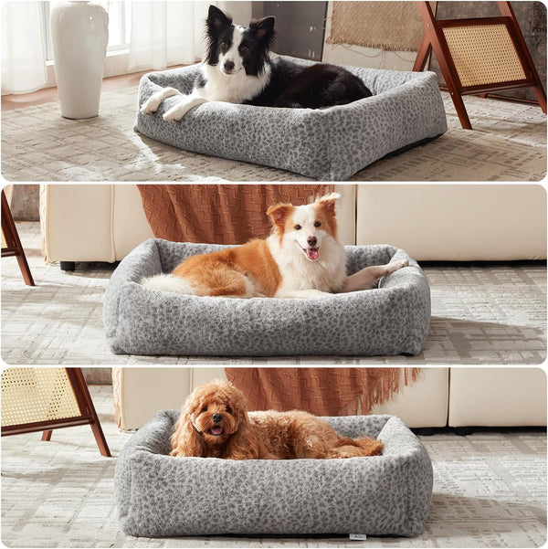 JOEJOY Dog Bed Medium Size Dog, Removable Washable Cover Orthopedic Soft Pet Bed, Anti-Slip Fluffy Plush Faux Rabbit Fur Puppy Bed, 30"X24"X8", Leopard Print, Grey7