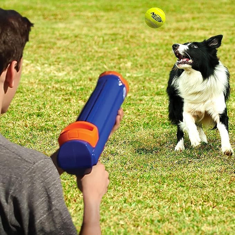 nerf-dog-tennis-ball-blaster-dog-toy-gift-set-tennis-ball-dog-fetch-toy-launches-up-to-50-ft-dog-ball-thrower-for-all-breeds-includes-translucent-blue-tennis-ball-launcher-and-3-dog-tennis-balls