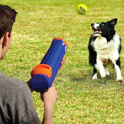 Nerf Dog Tennis Ball Blaster Dog Toy Gift Set, Tennis Ball Dog Fetch Toy Launches up to 50 Ft, Dog Ball Thrower for All Breeds Includes Translucent Blue Tennis Ball Launcher and 3 Dog Tennis Balls7