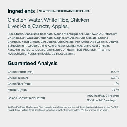 Justfoodfordogs Pantry Fresh Wet Dog Food, Complete Meal or Topper, Chicken & White Rice Human Grade Recipe - 12.5 Oz (Pack of 6)10