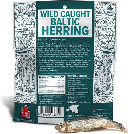 Plato Pet Treats Fish Dog Treats - Air-Dried, Single Ingredient Pet Treat - Omega 3 & 6 Fatty Acids to Support Skin and Coat - 100% Whole Fish - Wild Caught Baltic Herring - 3Oz - 2 Pack2