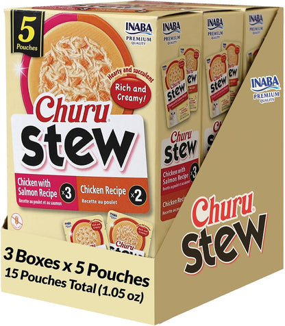 INABA Churu Stew for Cats, Creamy Purée Side Dish Pouch, 1.05 Oz Pouches, 15 Pouches Total, Chicken Variety1